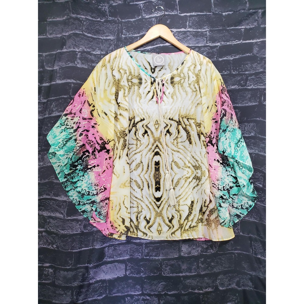 Lr Boho Sheer Blouse Women Small Abstract Tassel Tie Flowy Costal Gypsy Chic Top